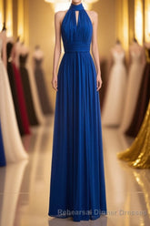 Royal Blue Chiffon Halter Keyhole Long Semi Formal Prom Dress